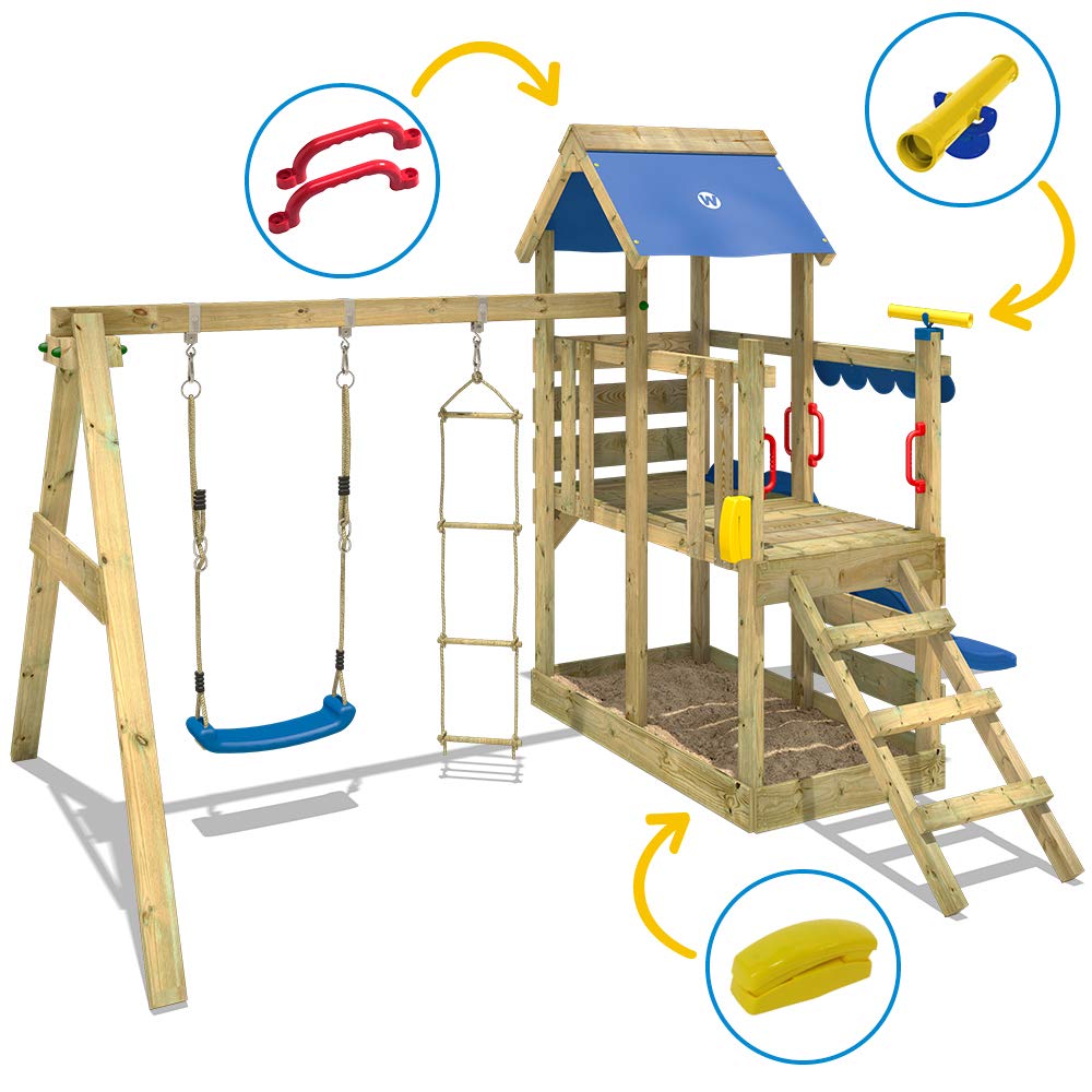 Wooden climbing frame TurboFlyer with swing set and blue slide