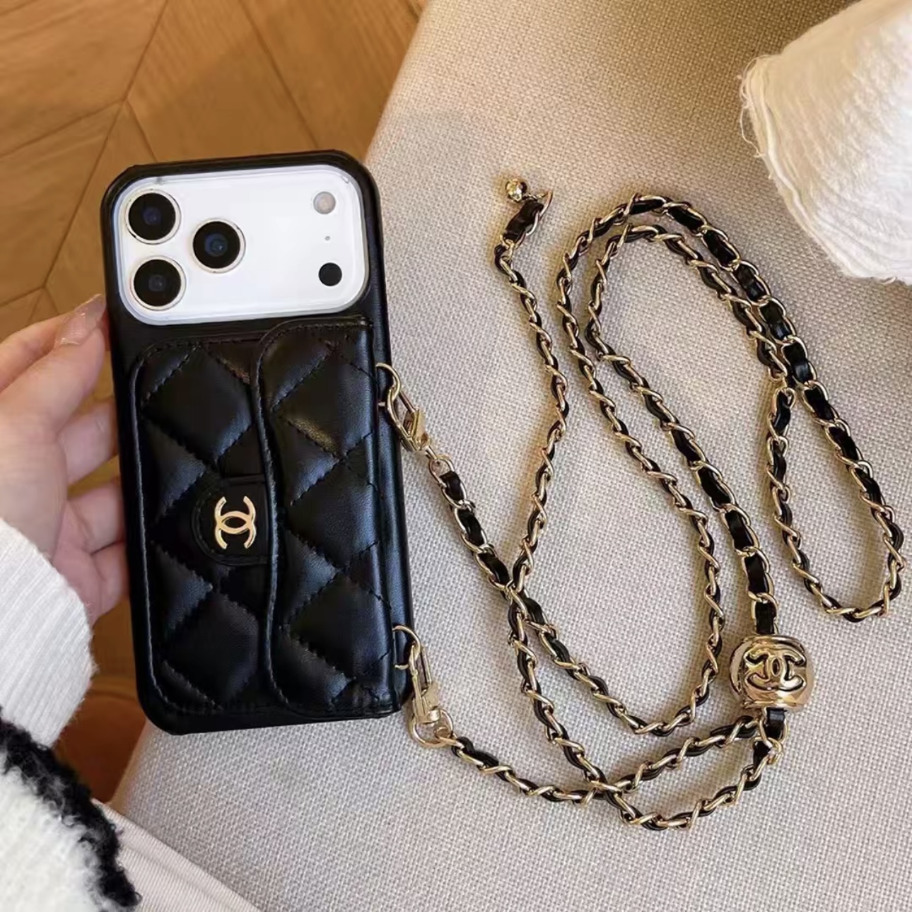 Chanel Style Quilted Wallet Phone Case With Adjustable Chain Crossbody Strap