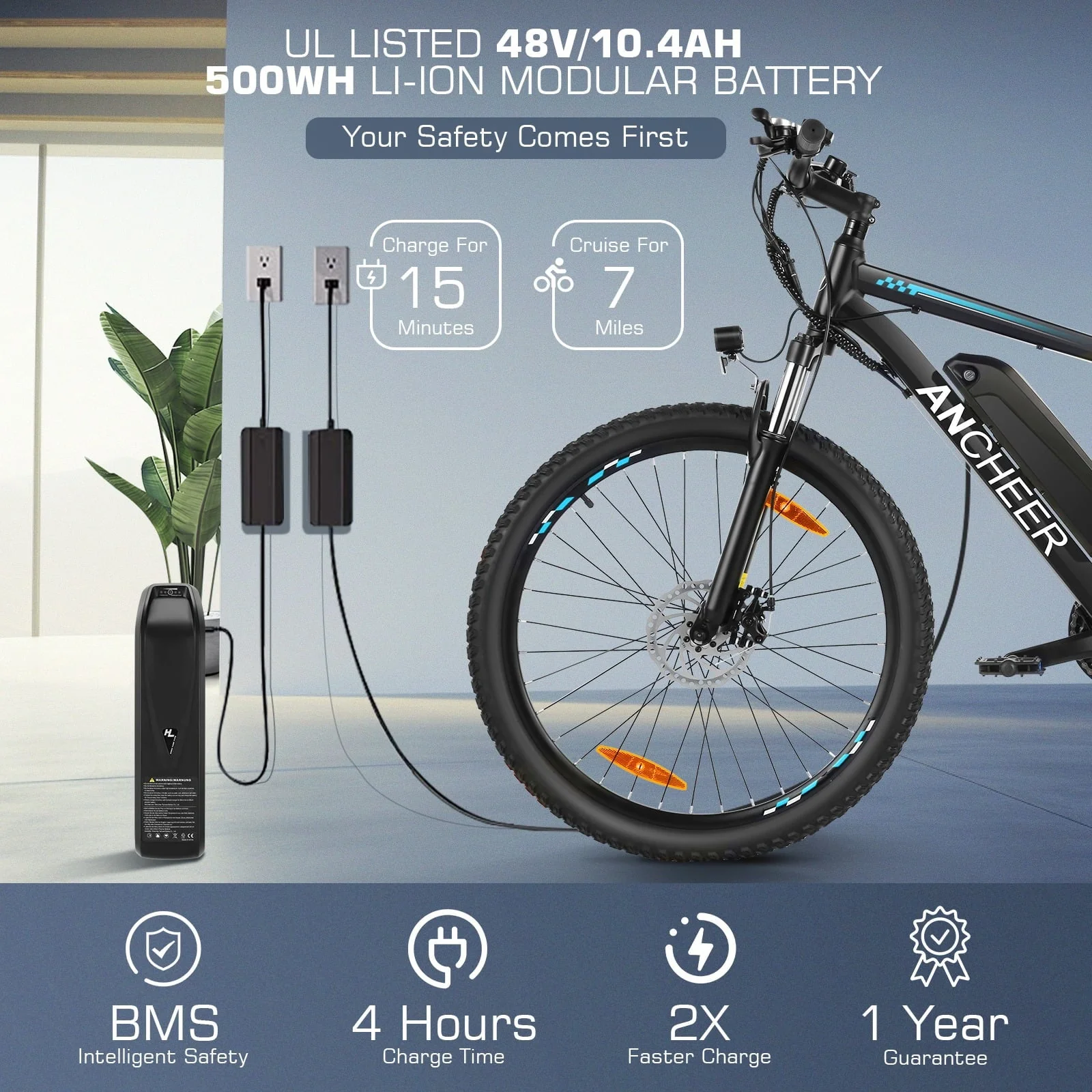 Funcid 26in Electric Mountain Bike, 500W, 48V 10.4Ah