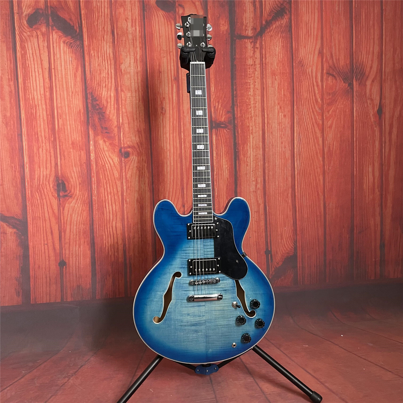 6 String Blue Semi Hollow Body Electric Guitar Mahogany Body Chrome Hardware Top