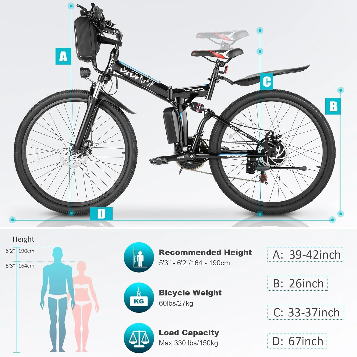 Vivi 26in Folding Electric Mountain Bike, 500W, 21-Speed