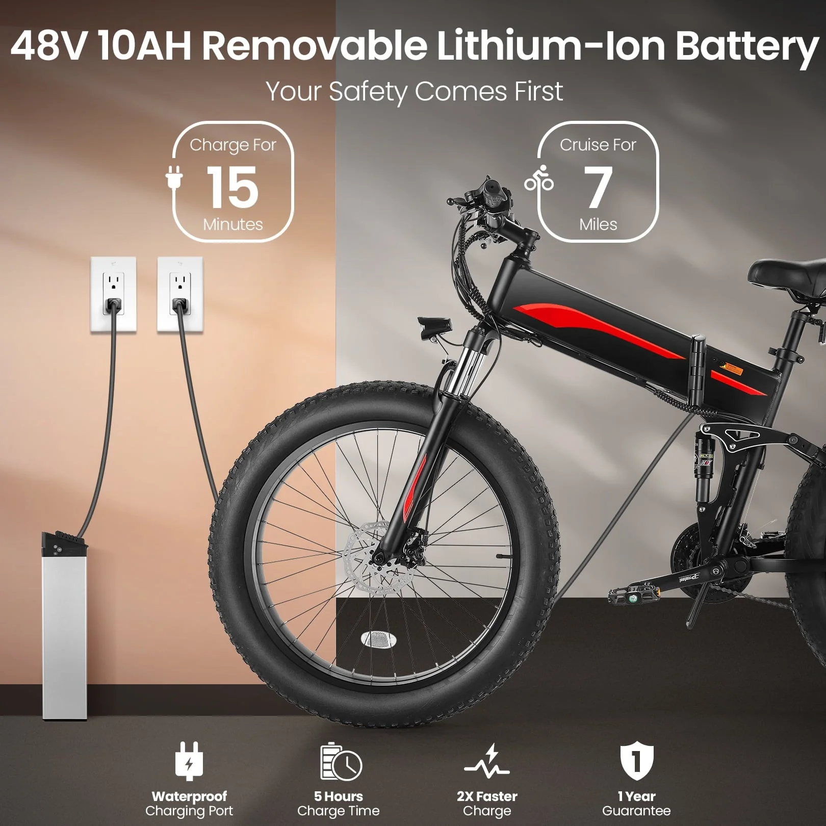 Funcid 26in Folding Fat Tire Electric Bike, 500W, 48V 10Ah