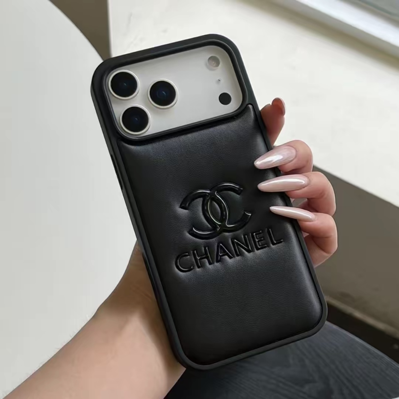 Chanel Classic Quilted Leather 3D Gold Logo Luxury Phone Case