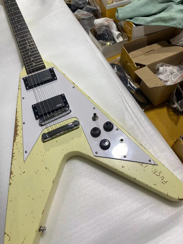 Relic Fly-V Style Electric Guitar, Mahoganyy Body, Cream Color, Tune-O-MAtic Bridge