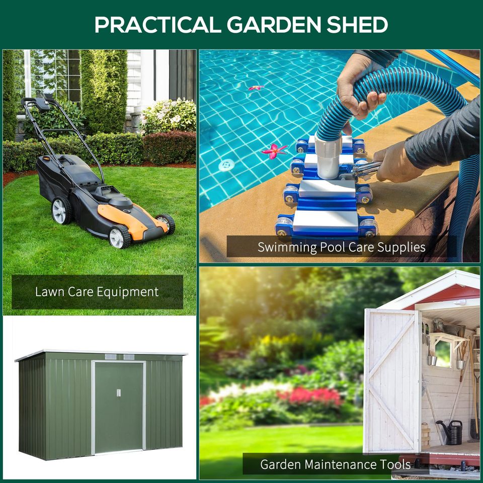Corrugated metal storage shed outside equipment kit, light green