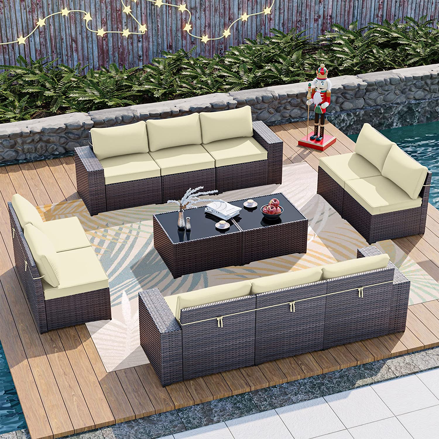 12 Pcs Patio Furniture Set Sectional Sofa Sets Brown PE