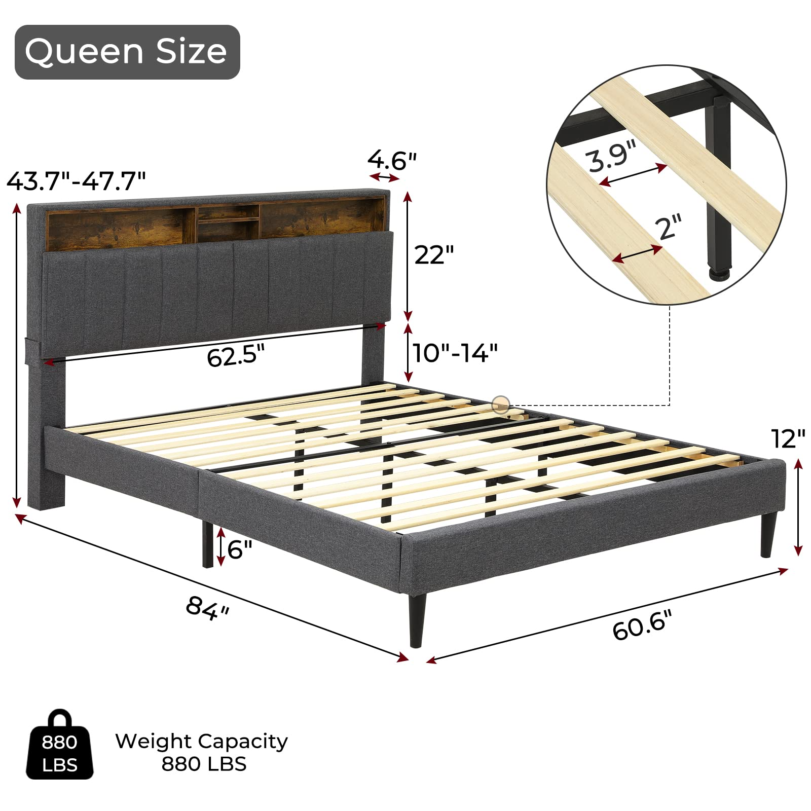 Queen Bed Frame with USB Ports and Outlets