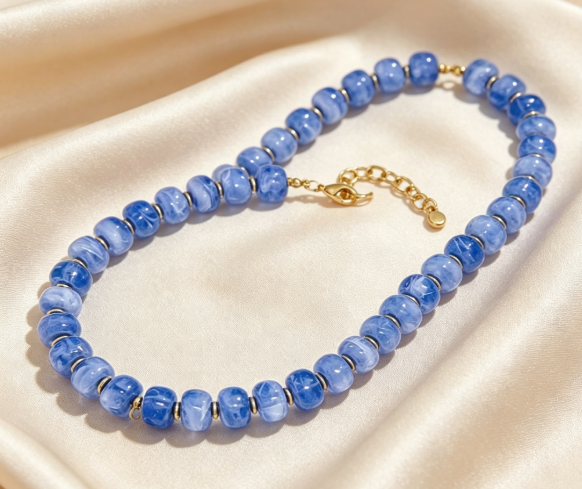 Natural Blue Chunky Beaded Necklace Gold Adjustable Chain Statement Necklace
