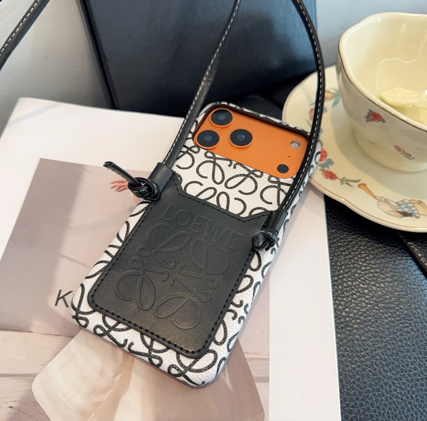 Loewe Style Anagram Embossed Card Holder Crossbody Phone Case