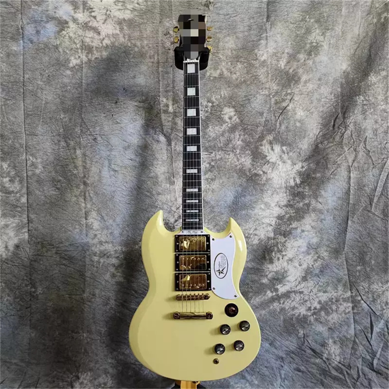 Cream 6 String SG Electric Guitar H-H-H Pickups Solid Body Gold Hardware