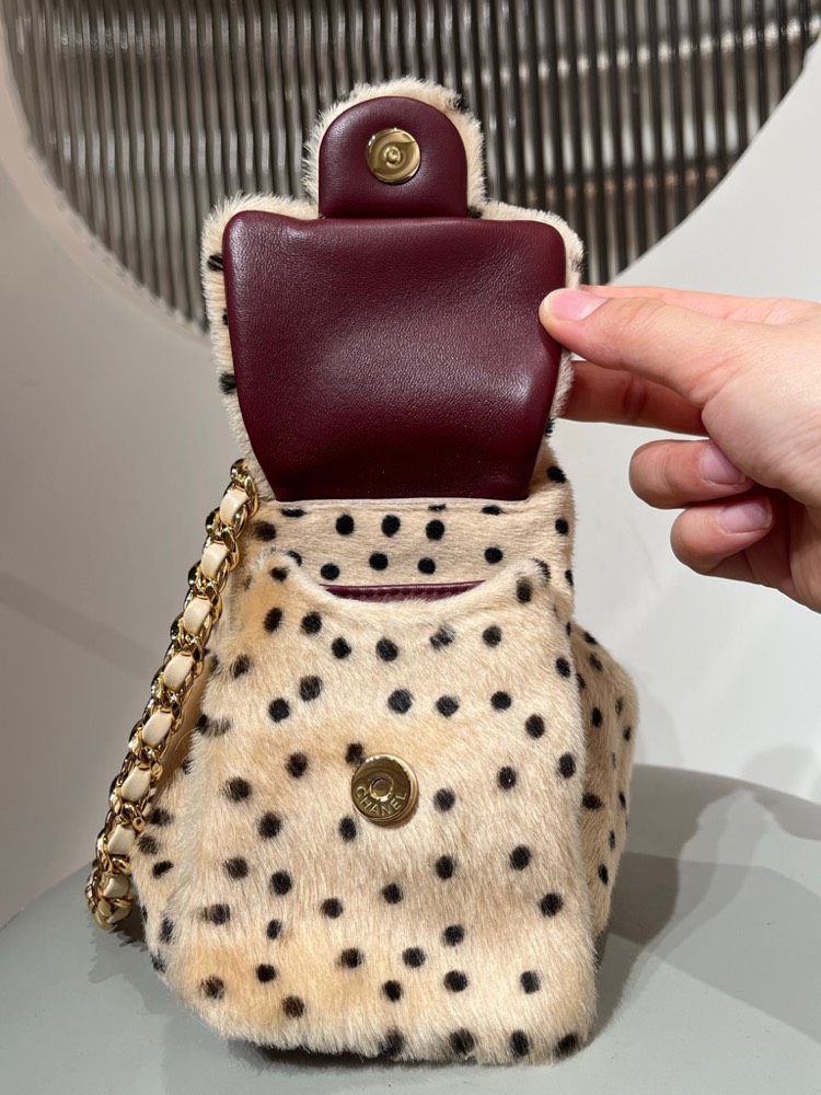 Chanel Mini 25 Spotted Shearling Fur Drawstring Bucket Bag Chain Shoulder Bag