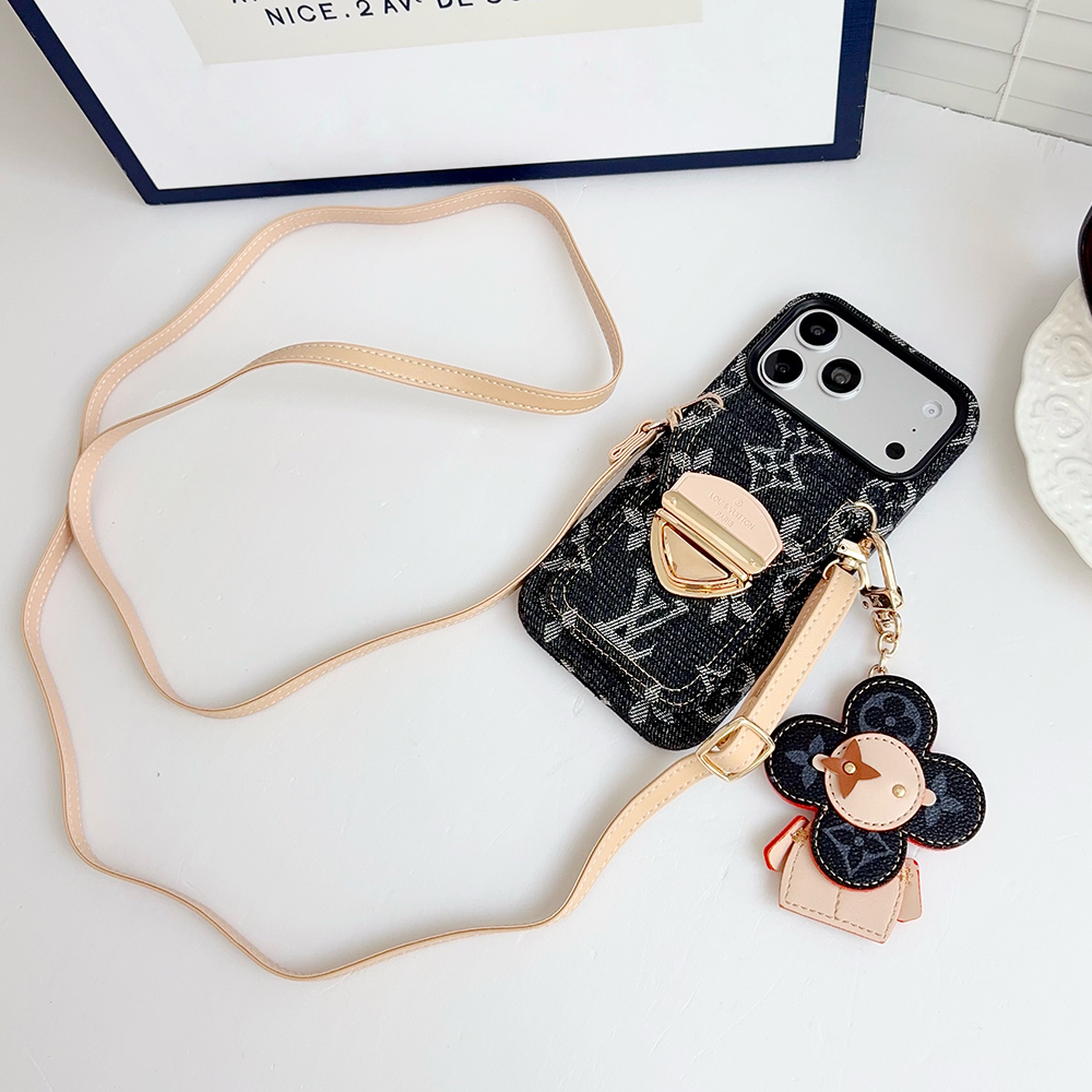 LV Monogram Denim Card Holder Phone Case With Chain Wrist Strap Vivienne Flower Charm