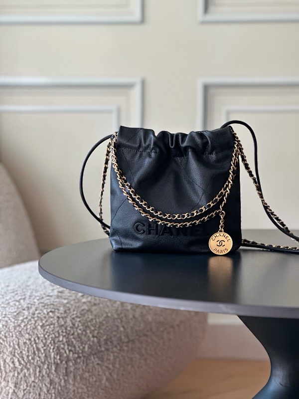 Chanel Drawstring Logo Bag Black Chain