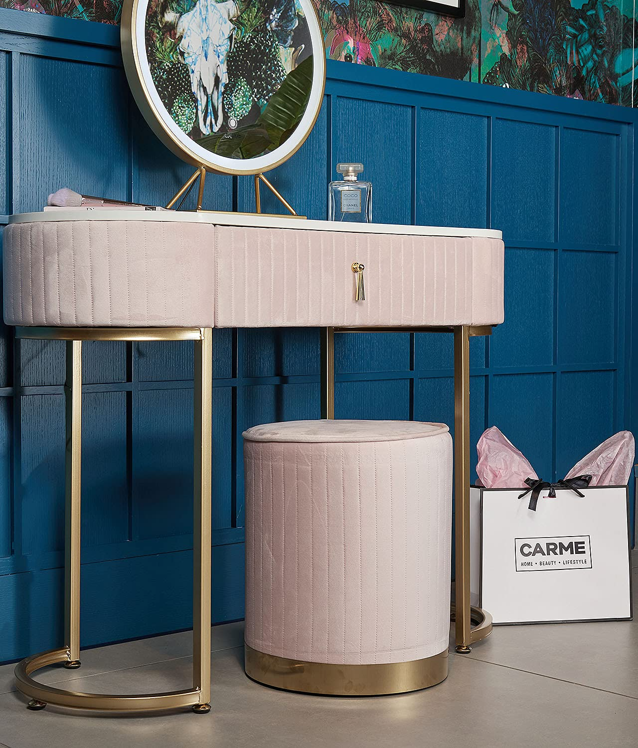 Velvet Dressing Table with LED Light Mirror Touch Sensor