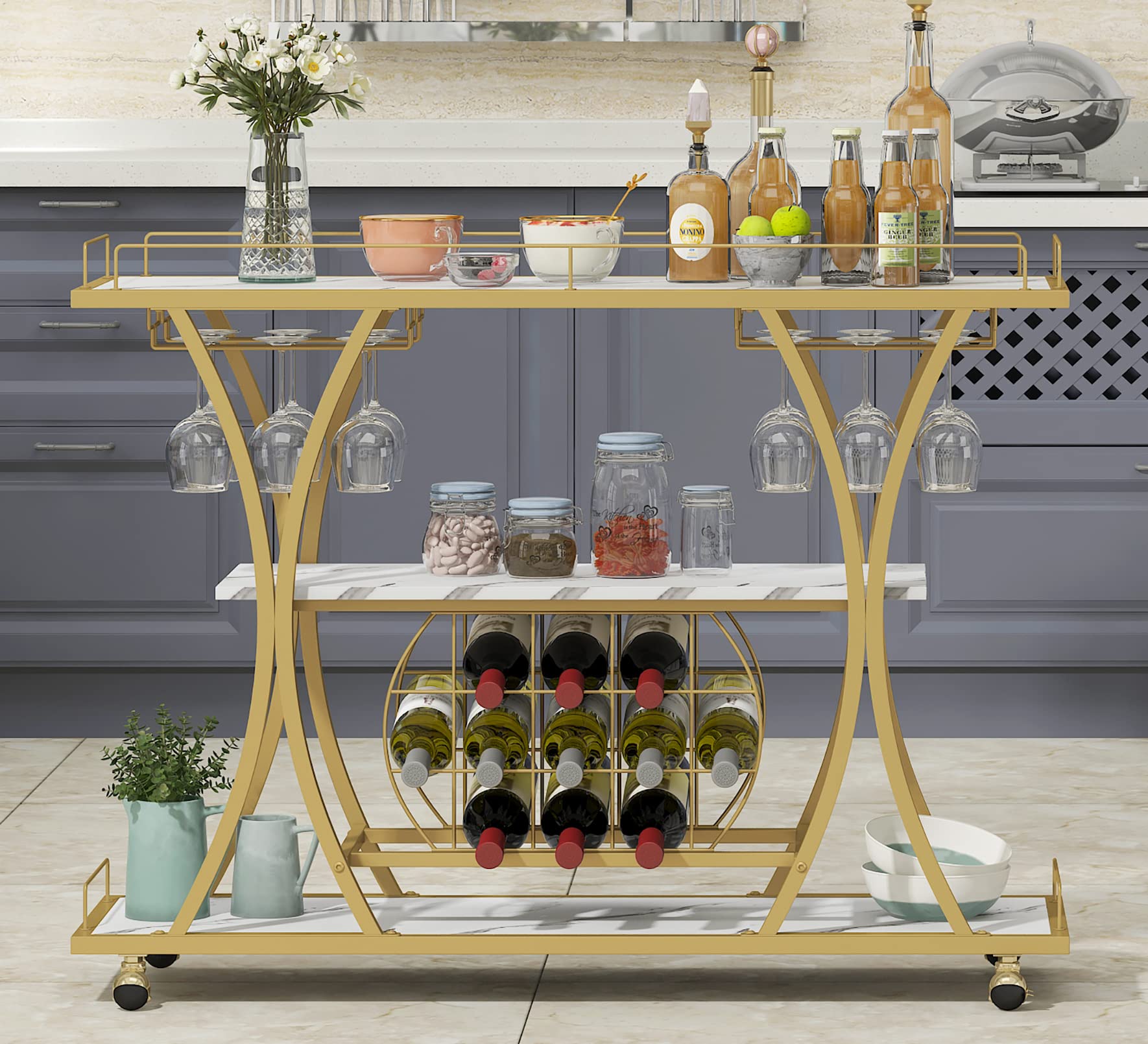 Bar Serving Cart with Glass Holder and Wine Rack