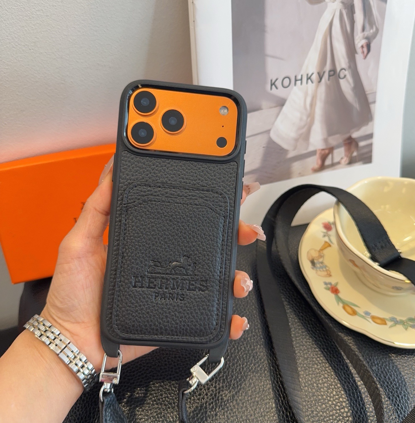 Hermès Paris Embossed Leather Card Pocket Crossbody Luxury Phone Case