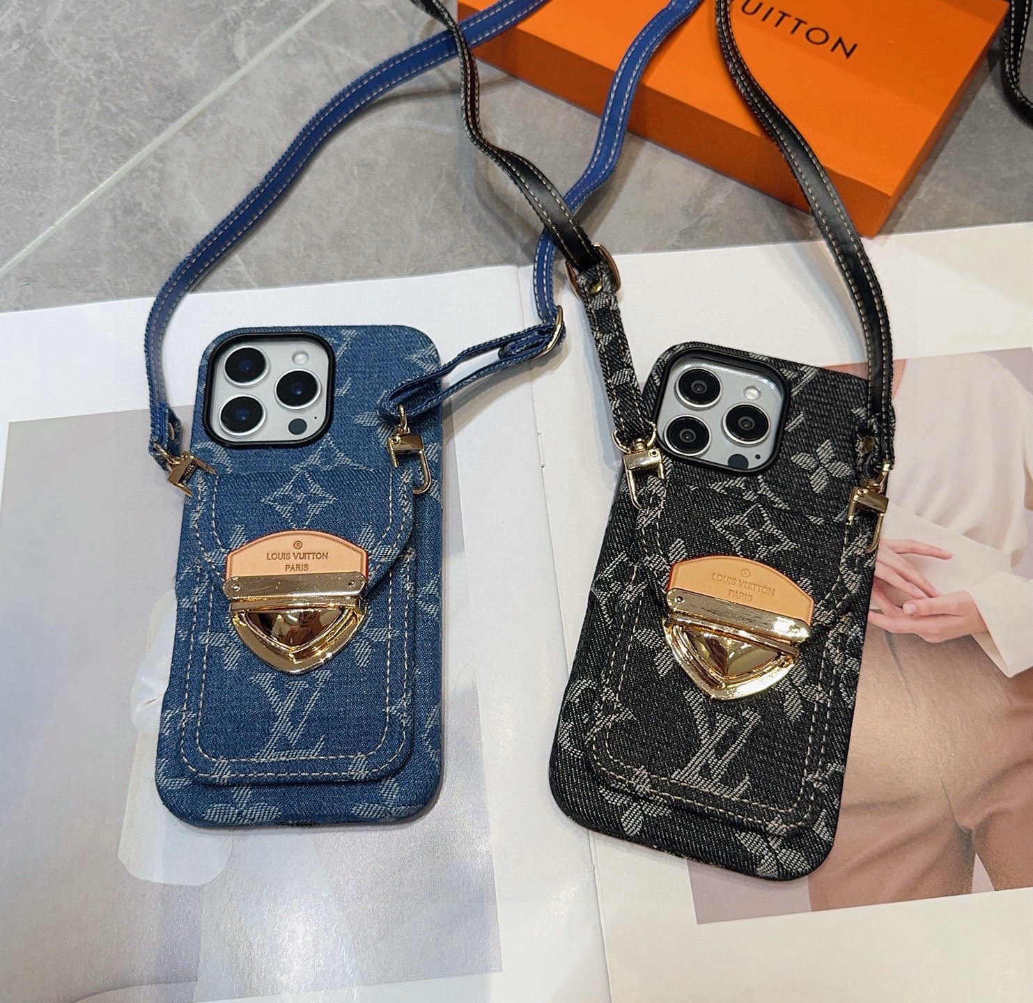 LV Denim Lock Card Holder Phone Case with Crossbody Strap