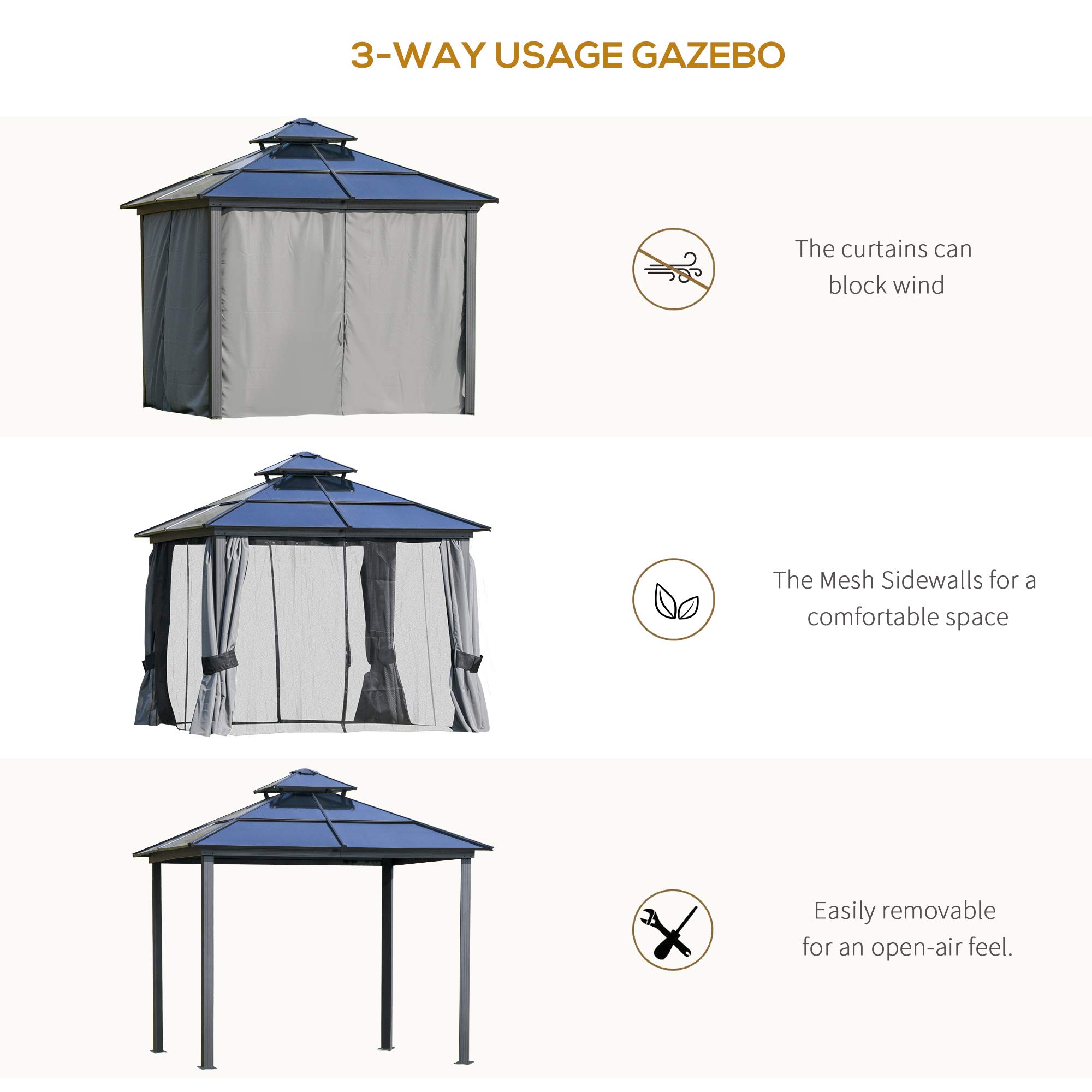 Hardtop Gazebo Canopy Double Tier Roof Frame with Curtains