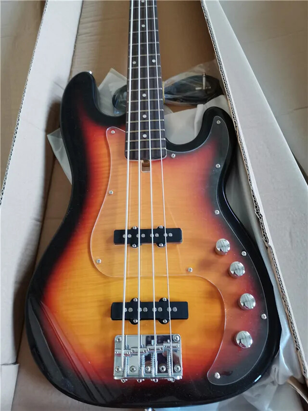 4 Strings Electric Bass Guitar with Flame Maple Veneer, Active Circuit