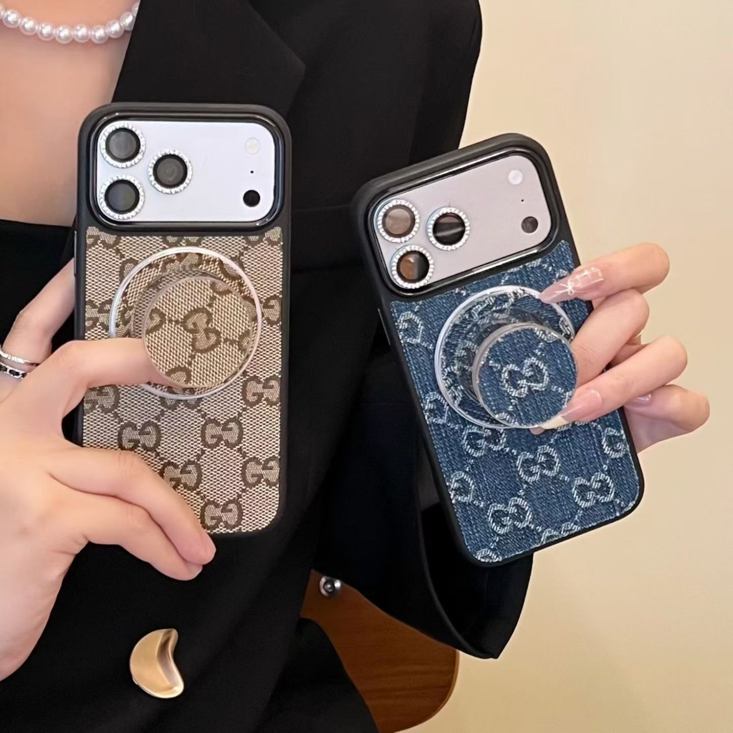 Vintage Pattern Fabric Flip Phone Case, Bling Rhinestone Camera Frame With Rotatable Round Magnetic Holder Protective Cover For Vertical Foldable Phone