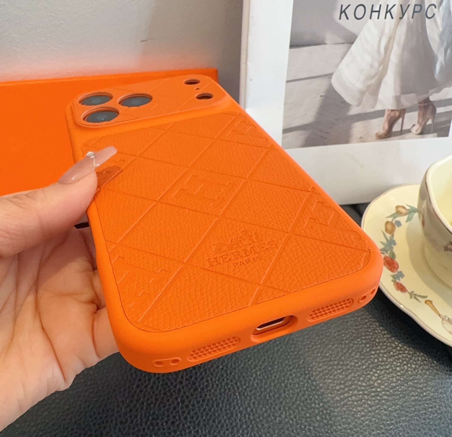 Hermès Style Embossed Leather Texture Full Cover Phone Case