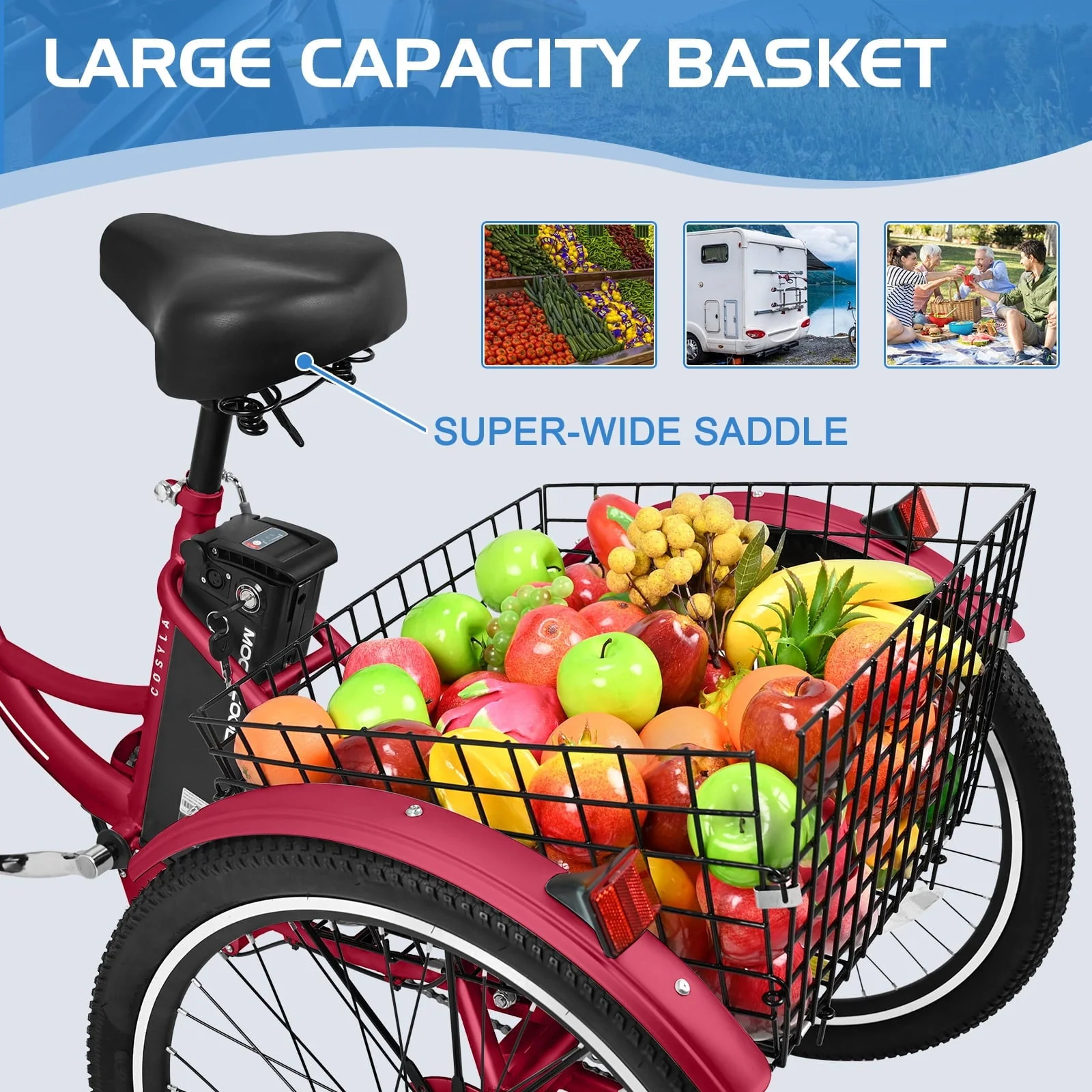 Lilypelle 24in Electric Tricycle with Basket, 350W, 36V 10.4Ah
