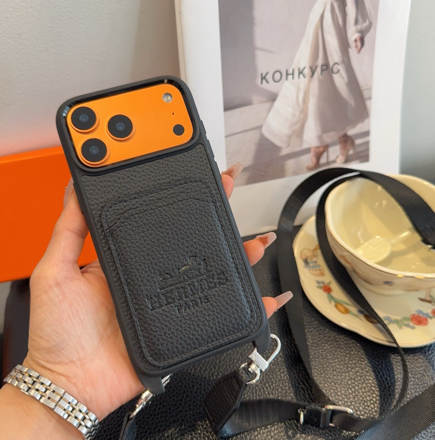 Hermès Paris Embossed Leather Card Pocket Crossbody Luxury Phone Case