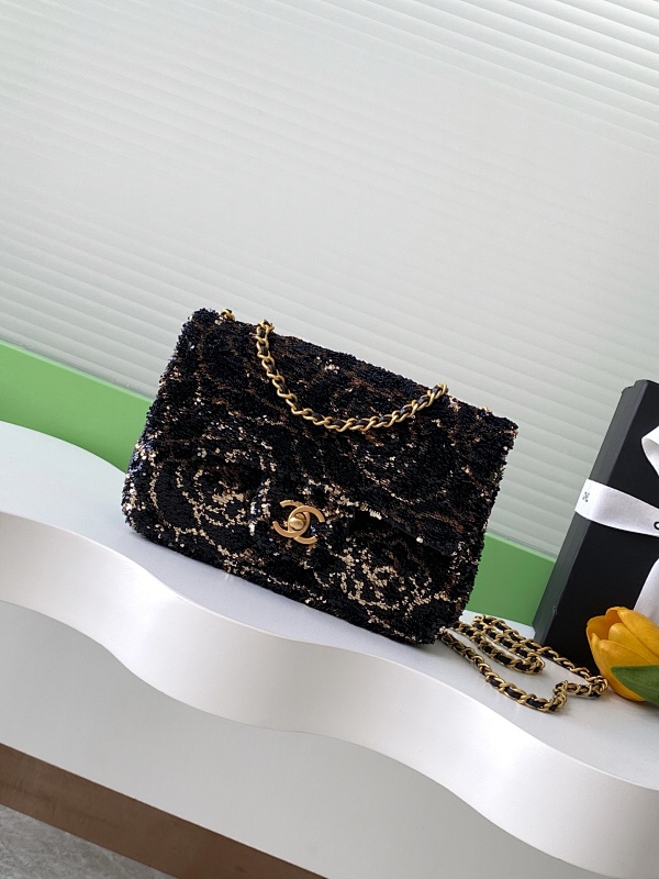 Chanel Sequin Flap Bag Black Gold