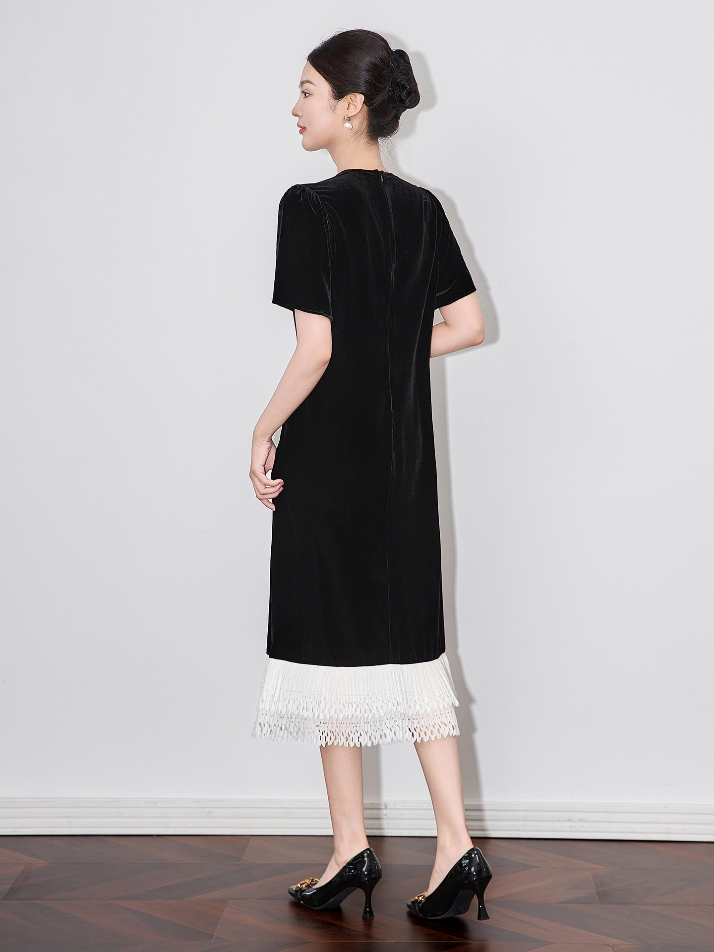 Elegant Real Mulberry Silk Velvet Dresses for Woman Autumn Short Sleeve Evening Dress