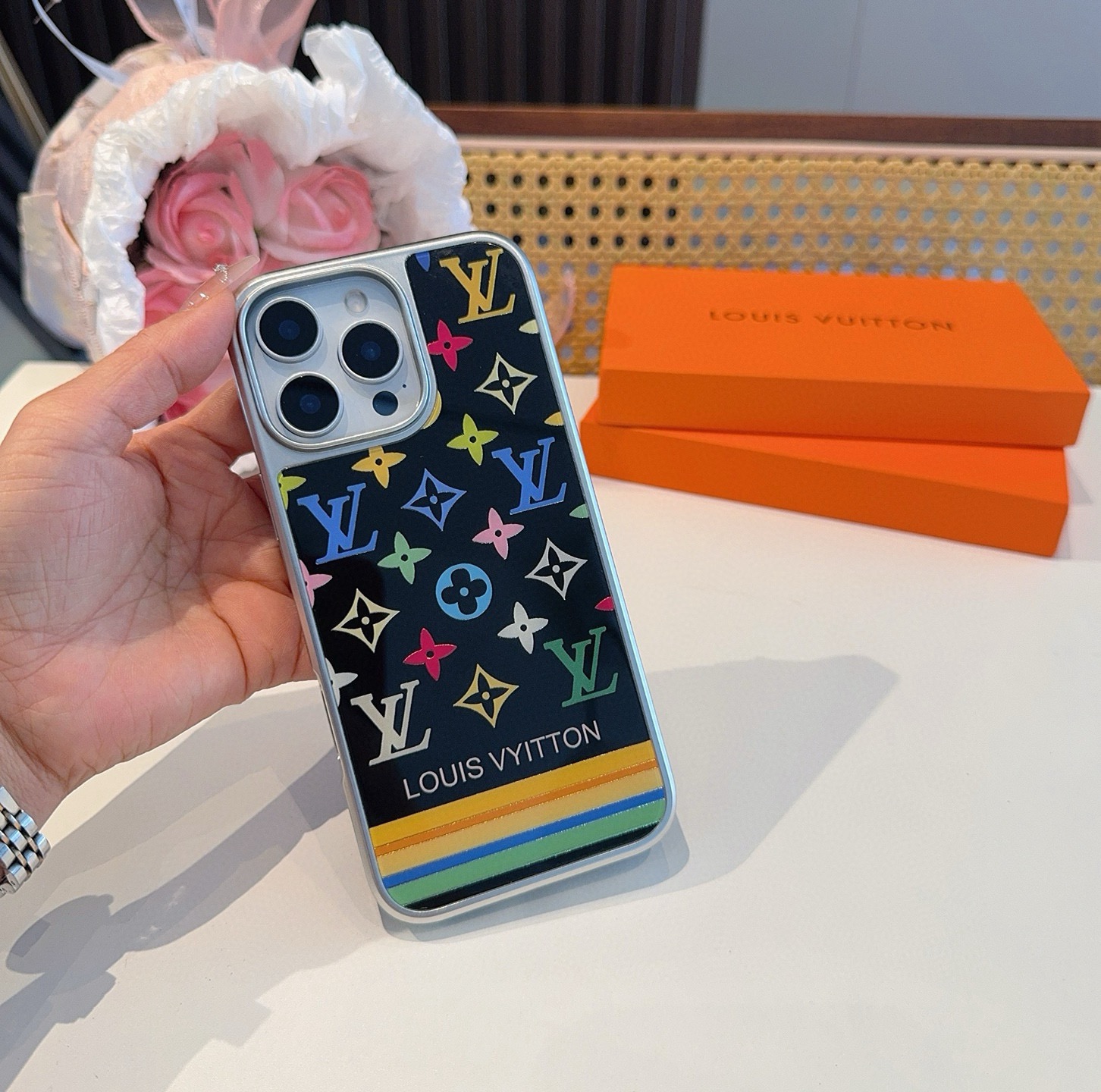 LV New Arrival Gilded Craft Electroplated Glass Phone Case
