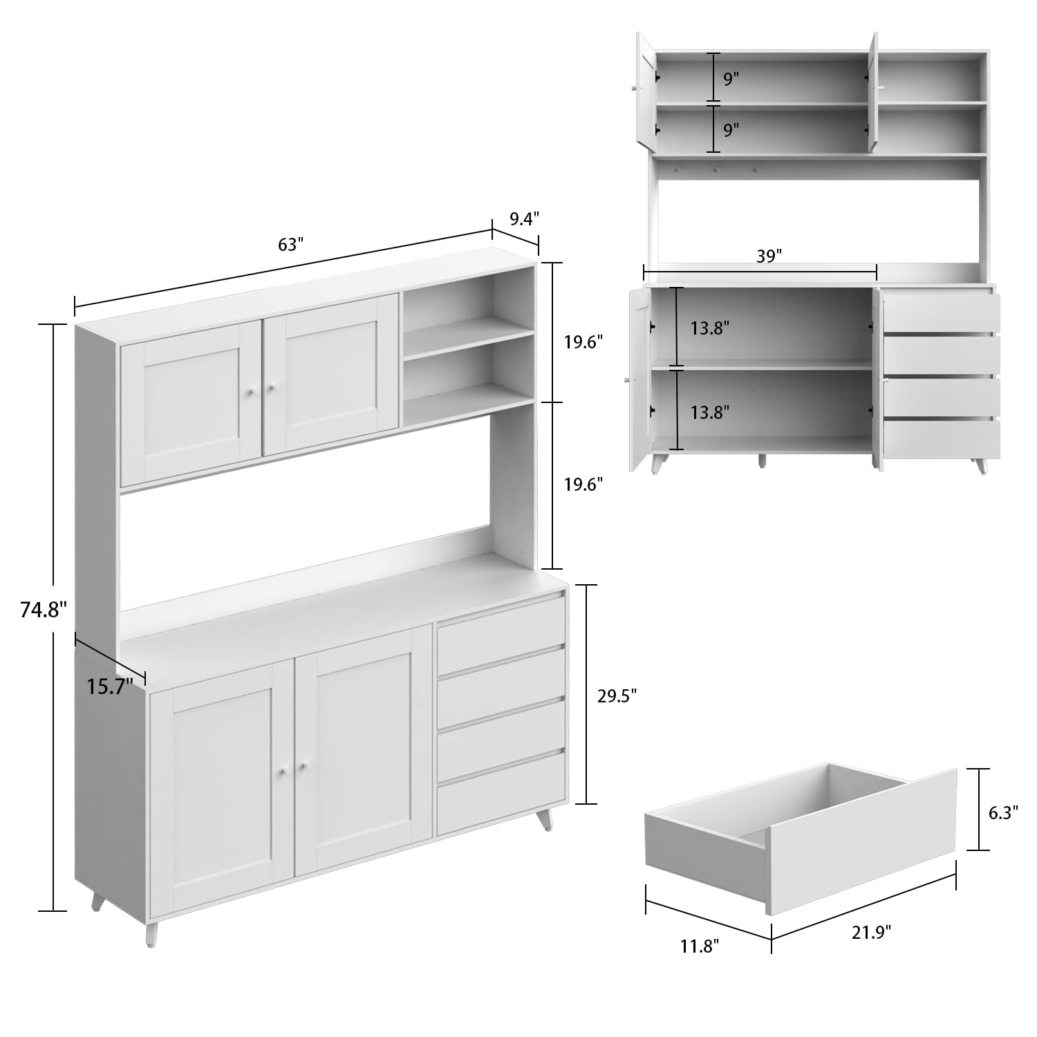 Freestanding Kitchen Pantry Storage Cabinet with Glass Doors