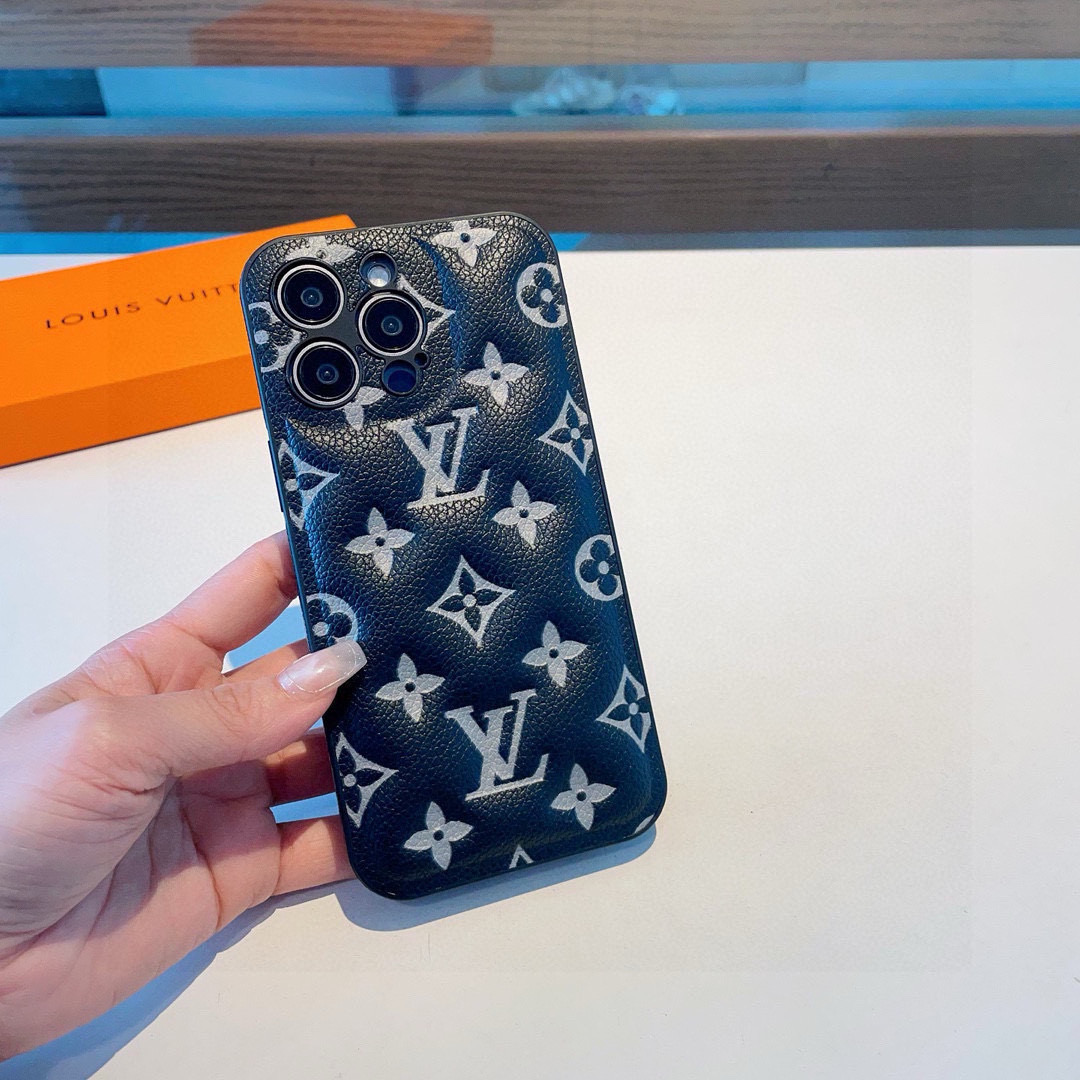 Louis Vuitton Black Monogram Embossed Leather Padded Shockproof Phone Case