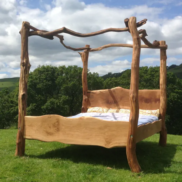 Rustic Oak Four Poster Tree Bed (comes with full size mattress)