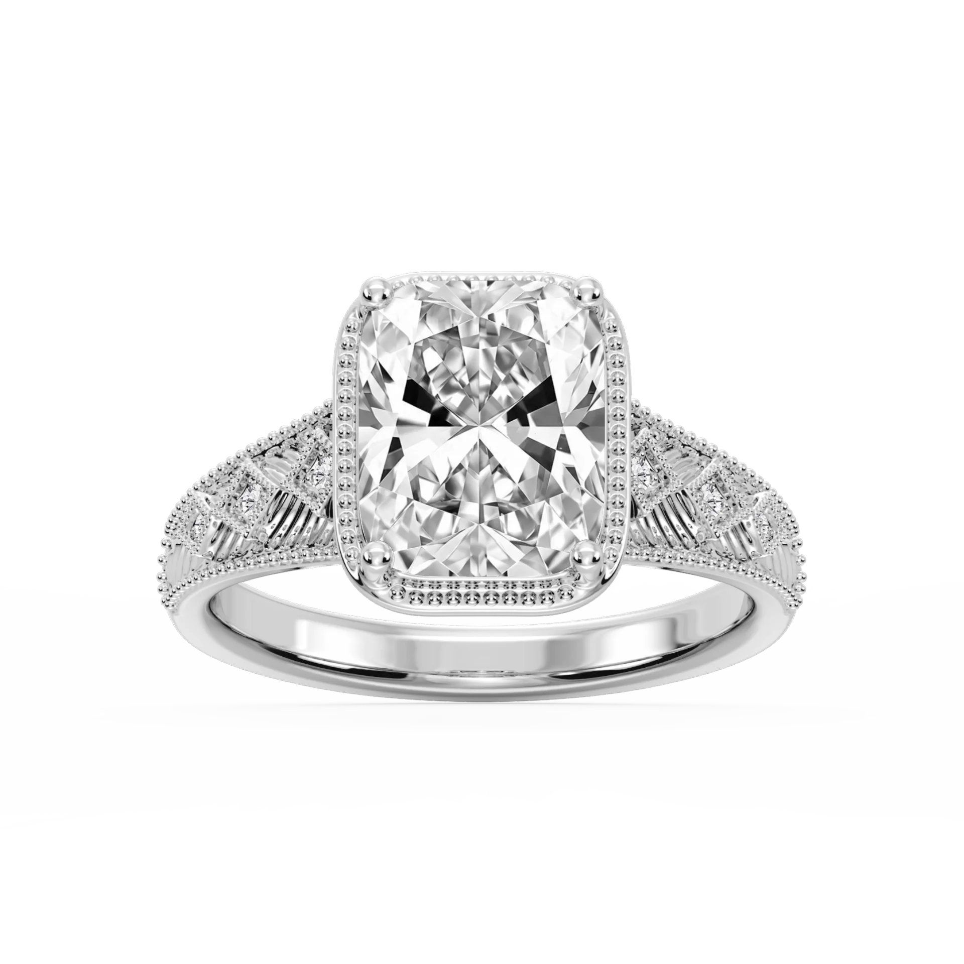 Sylvia Old Mine Cushion Lab Grown Diamond Etched Milgrain Side Stone Engagement Ring