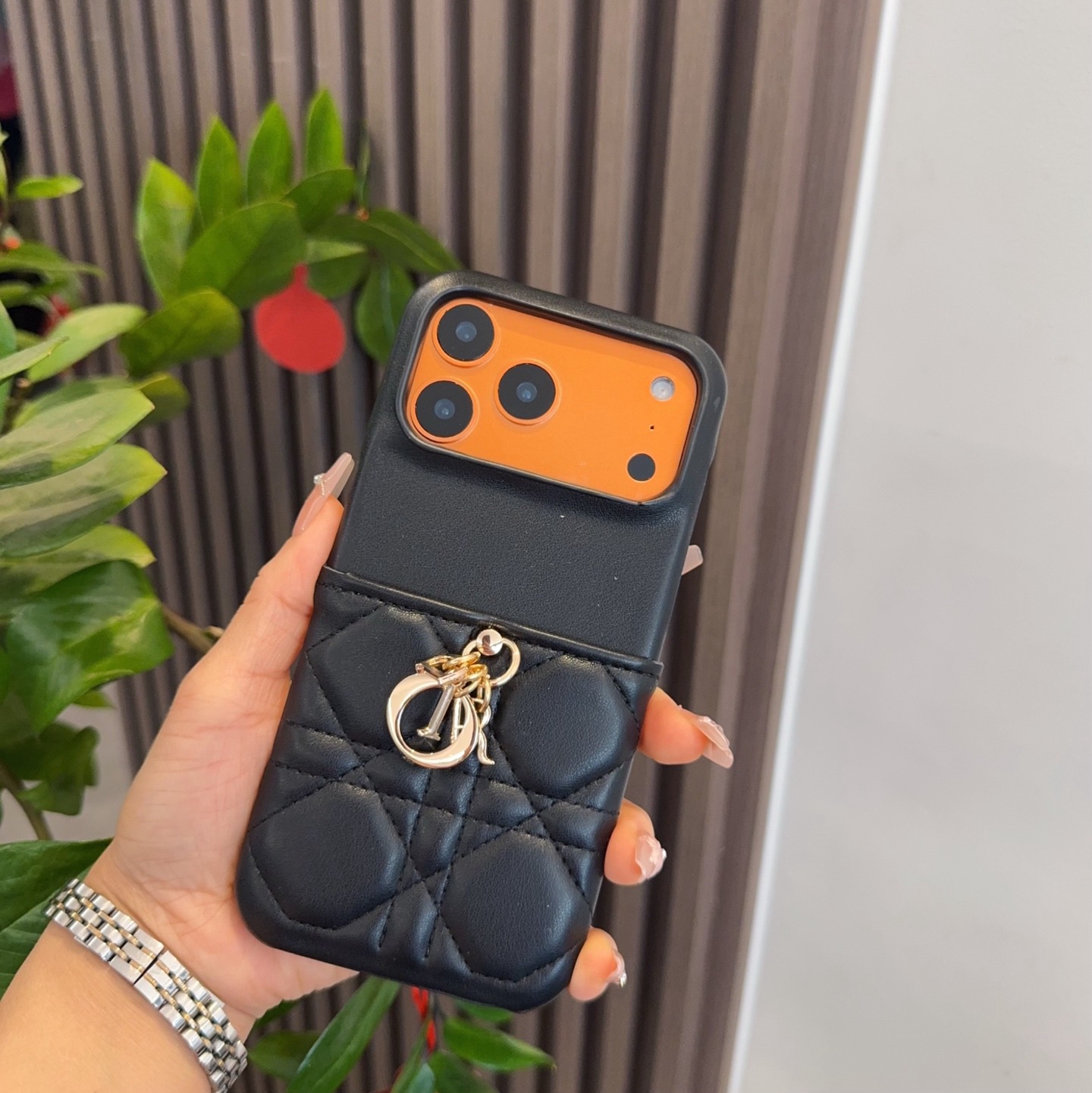 Dior Lady Dior Quilted Metal Pendant Phone Case