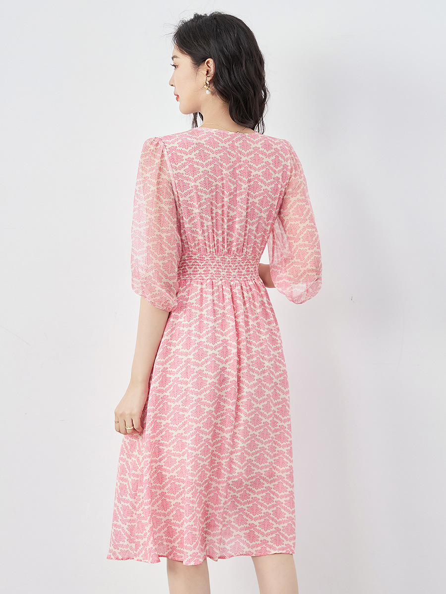 Elegant Silk Print Maxi Dress Beach Vacation Women's Floral A- Line Dress Short Sleeve V-Neck Midi Dress