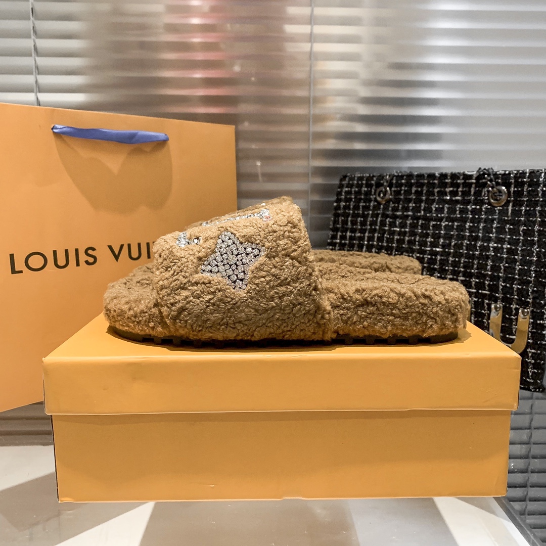 Louis Vuitton Style Shearling Slide Slippers with Crystal Strass LV Monogram