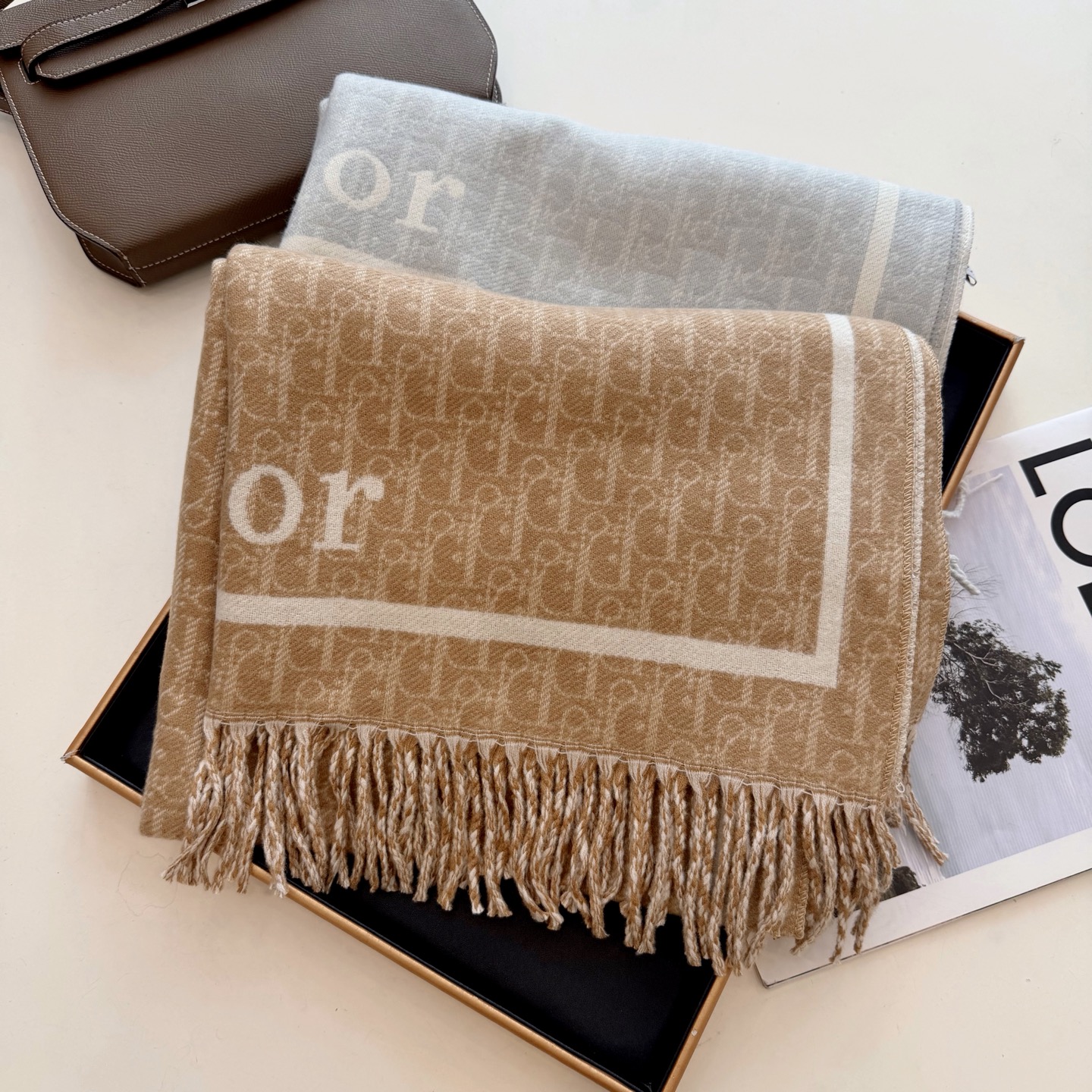 Dior Oblique Shawl Grey and Beige and Grey 180 x 60 cm