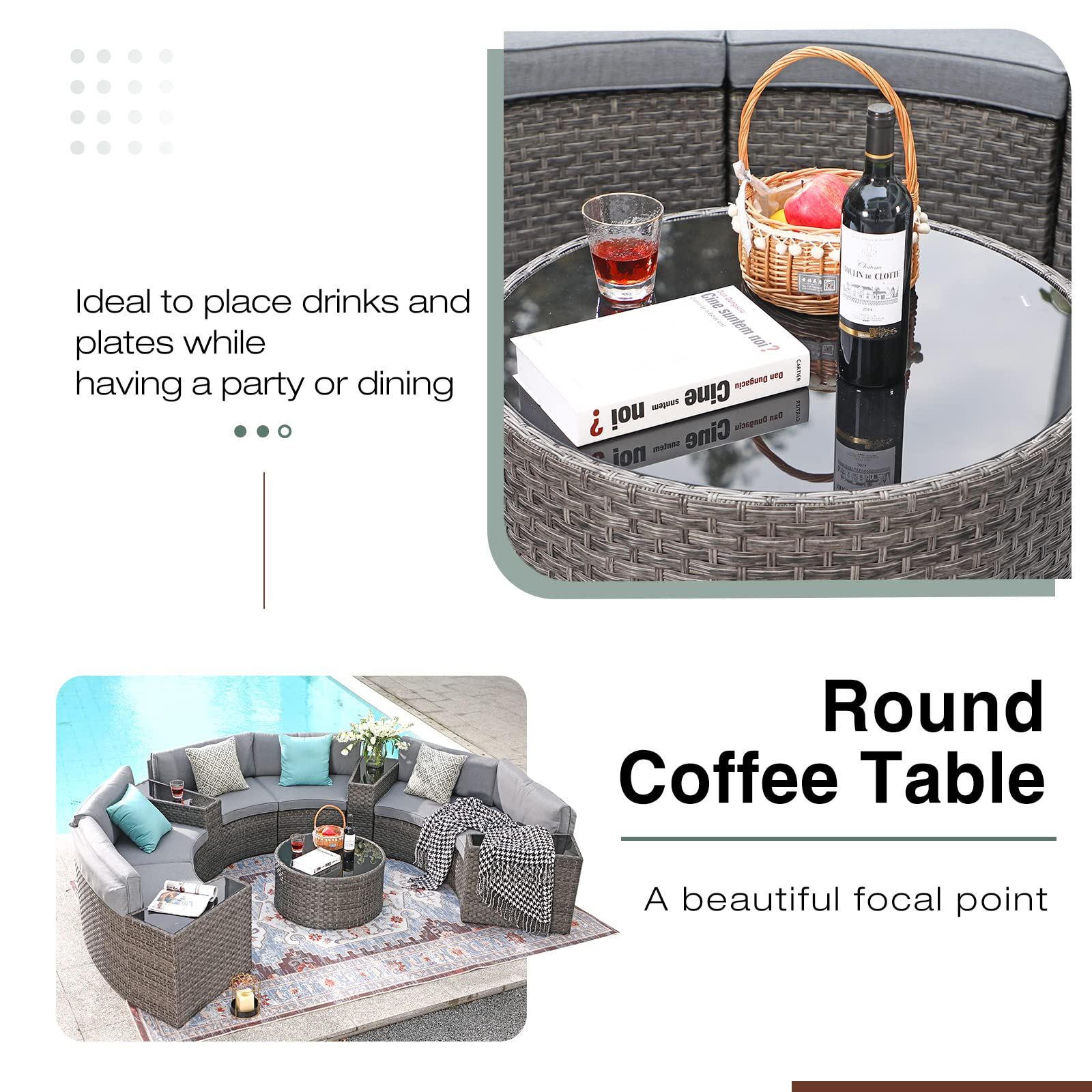 Outdoor Patio Furniture 11-Piece Half-Moon Sectional Round