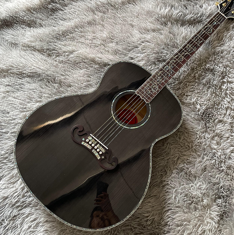 Handmade 43’ J200 Acoustic Electric Guitar Black with Pickups Solid Spruce