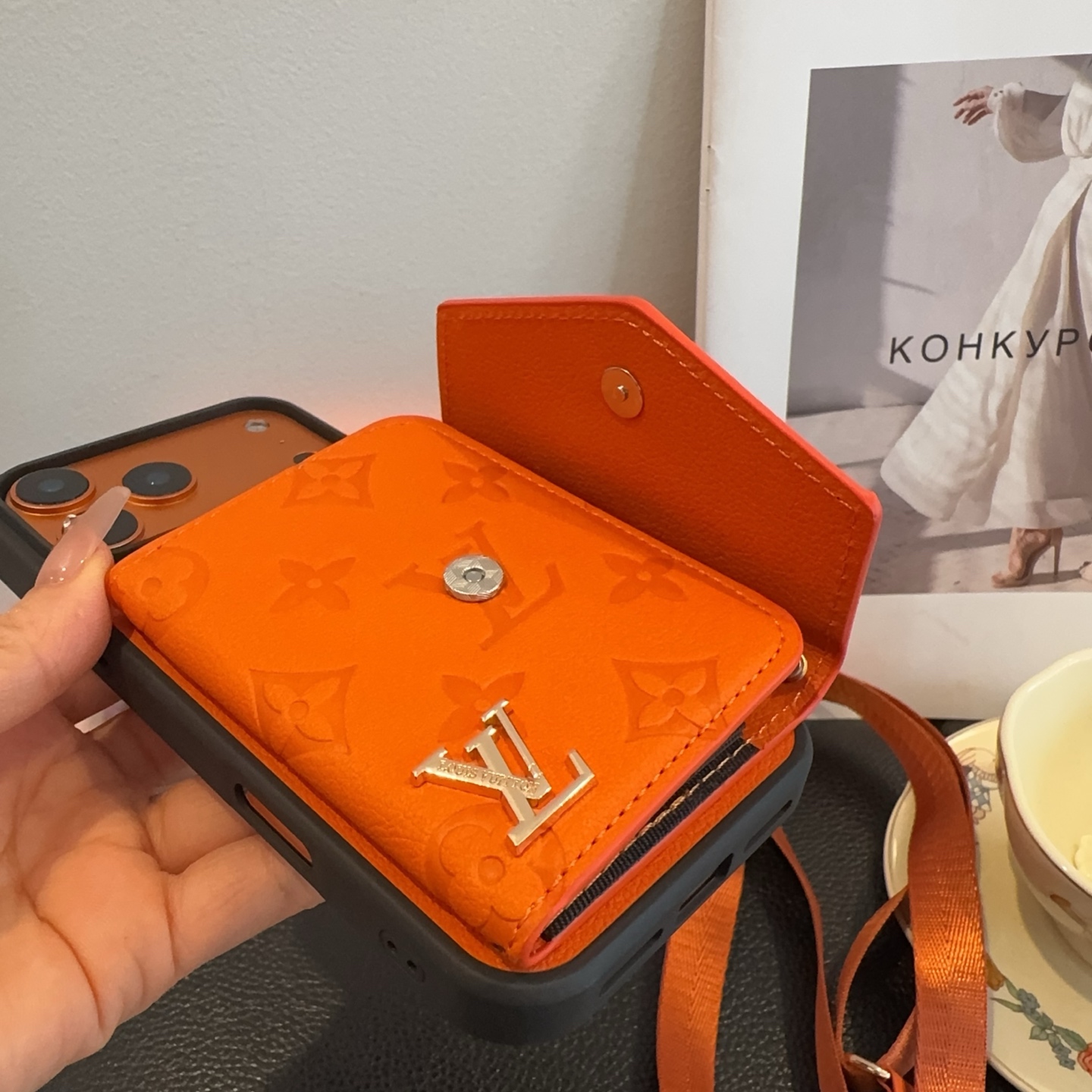 Louis Vuitton Embossed Monogram Card Holder Crossbody Strap Luxury Phone Case