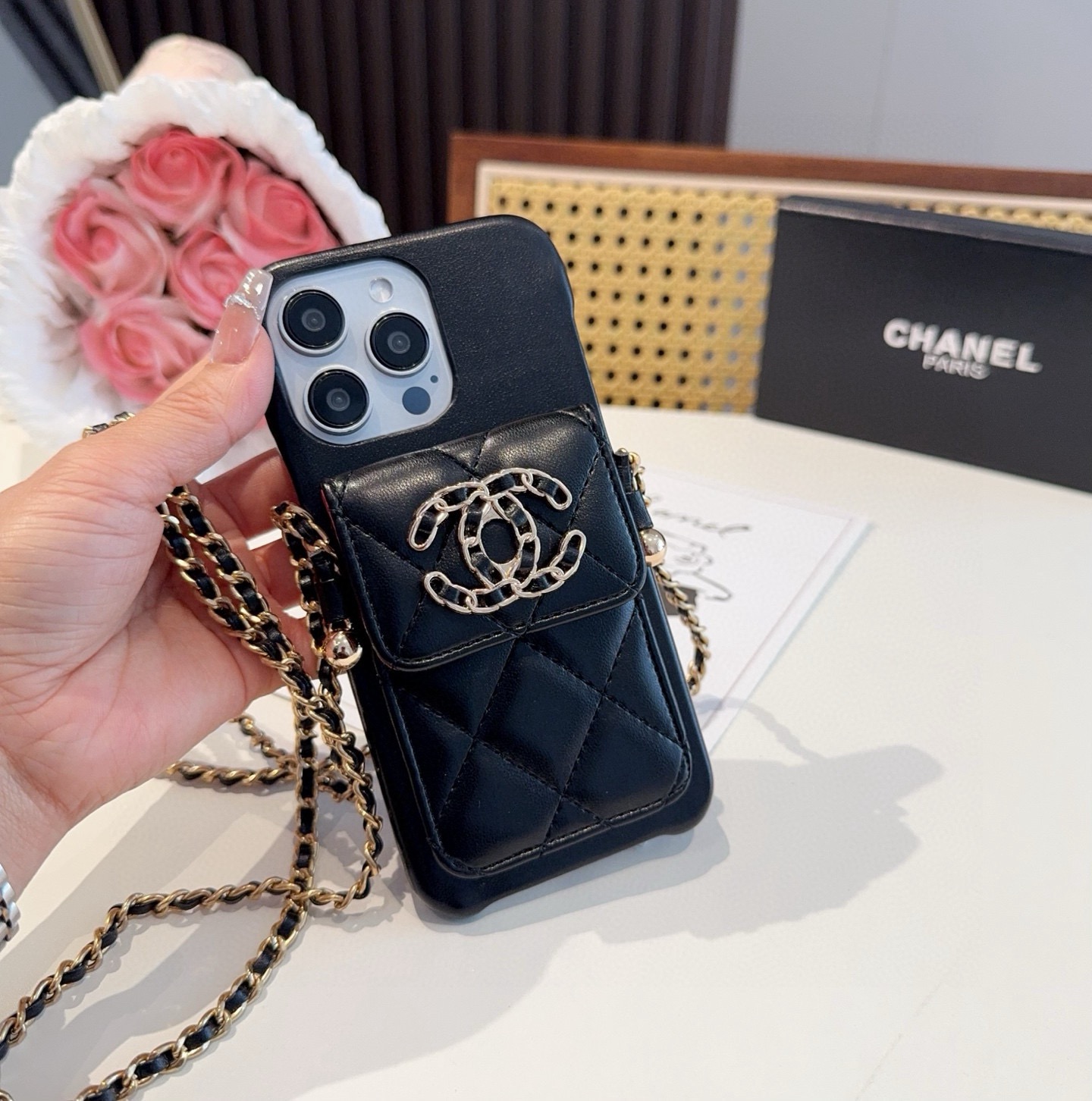 Chanel Style Quilted Leather Phone Case with Crossbody Chain & Card Pocket