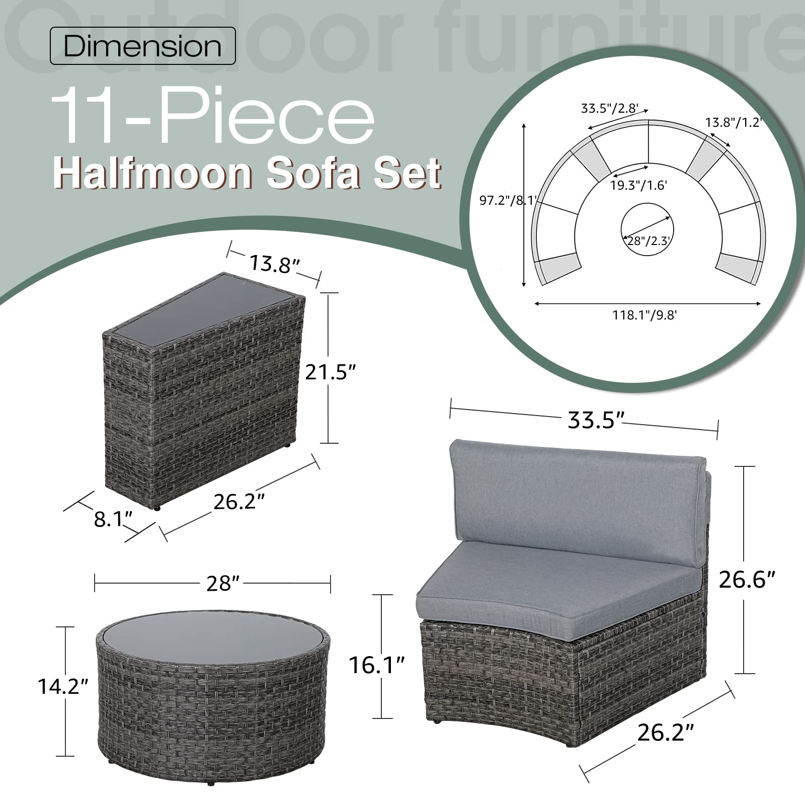 Outdoor Patio Furniture 11-Piece Half-Moon Sectional Round