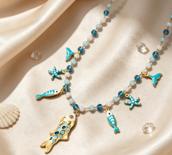 Boho Sea Creature Charm Necklace Blue Crystal Bead Mermaid Tail Statement Necklace