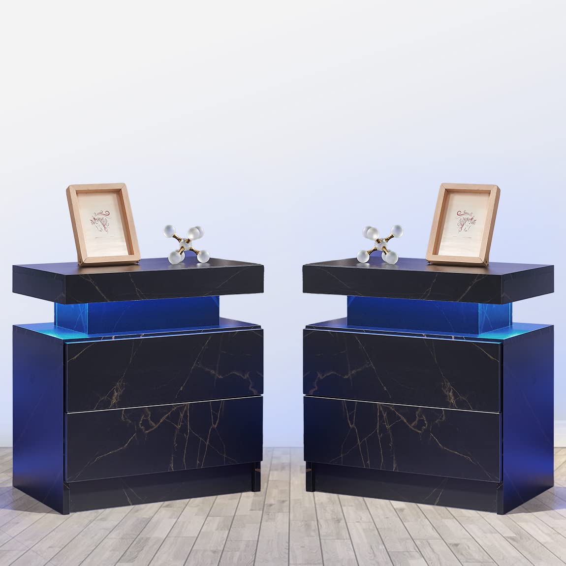 Nightstand Set of 2 LED Nightstand with 2 Drawers