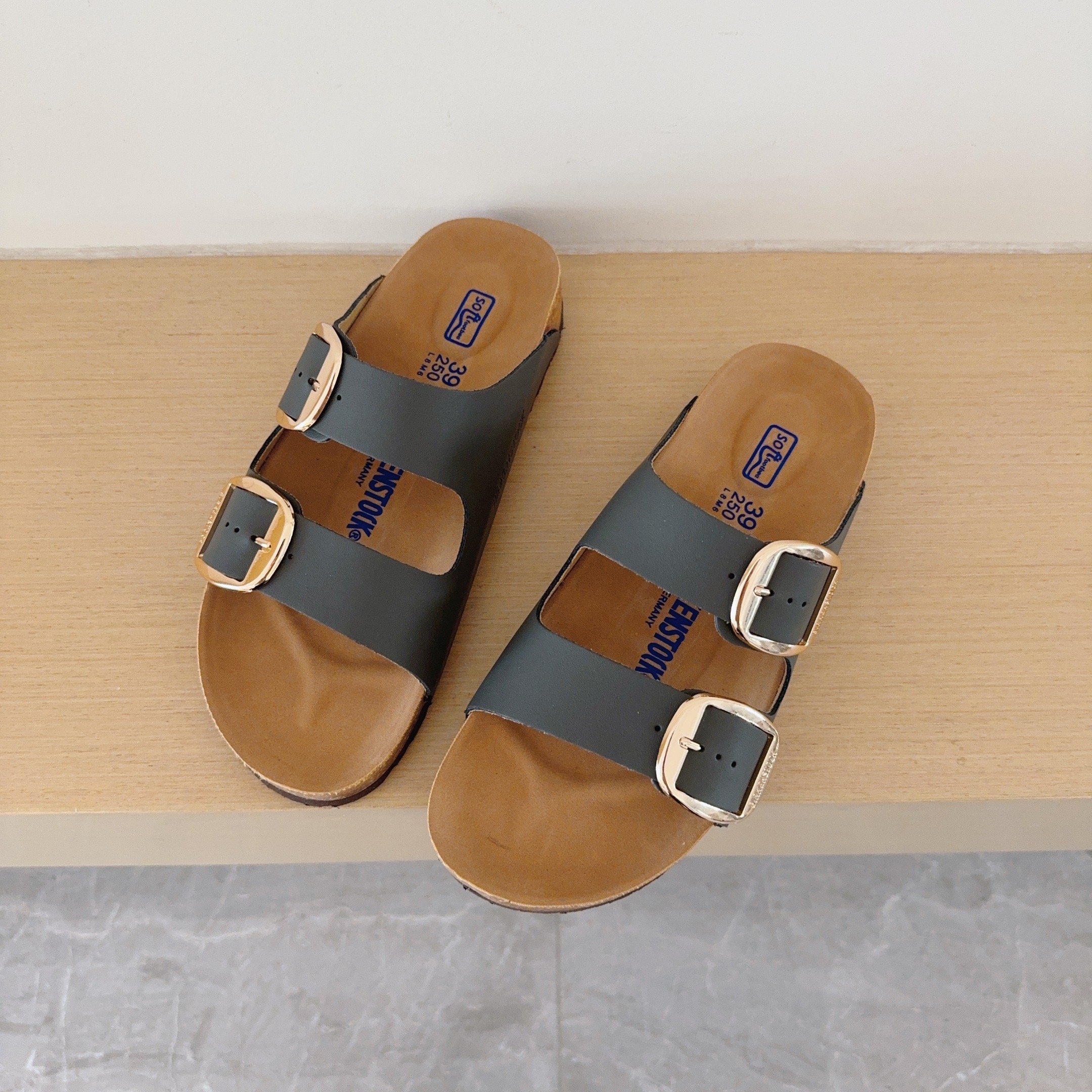 Round Gold Buckle Birken-Style Two-Strap Sandals