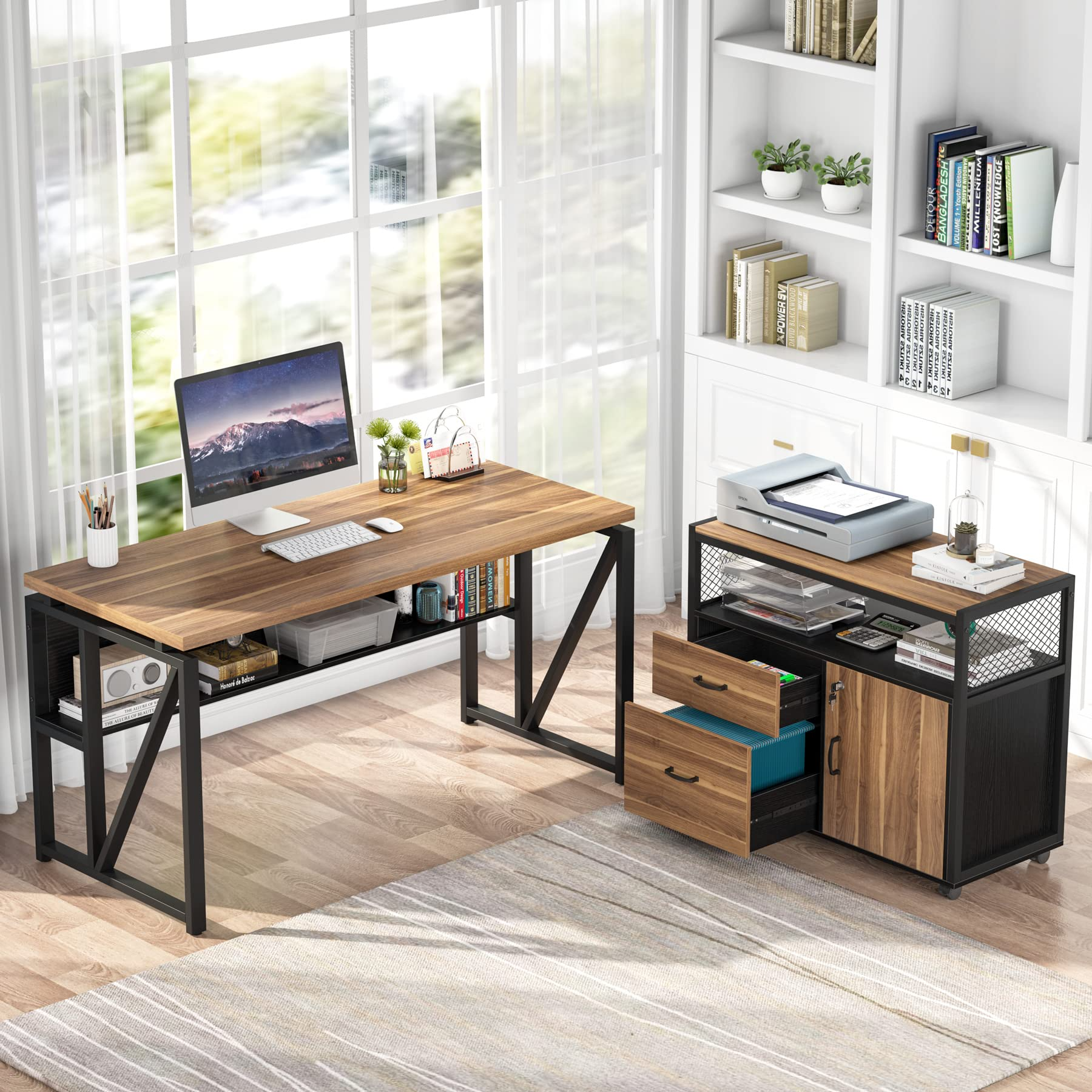 L Shaped Desk with Drawer Cabinet