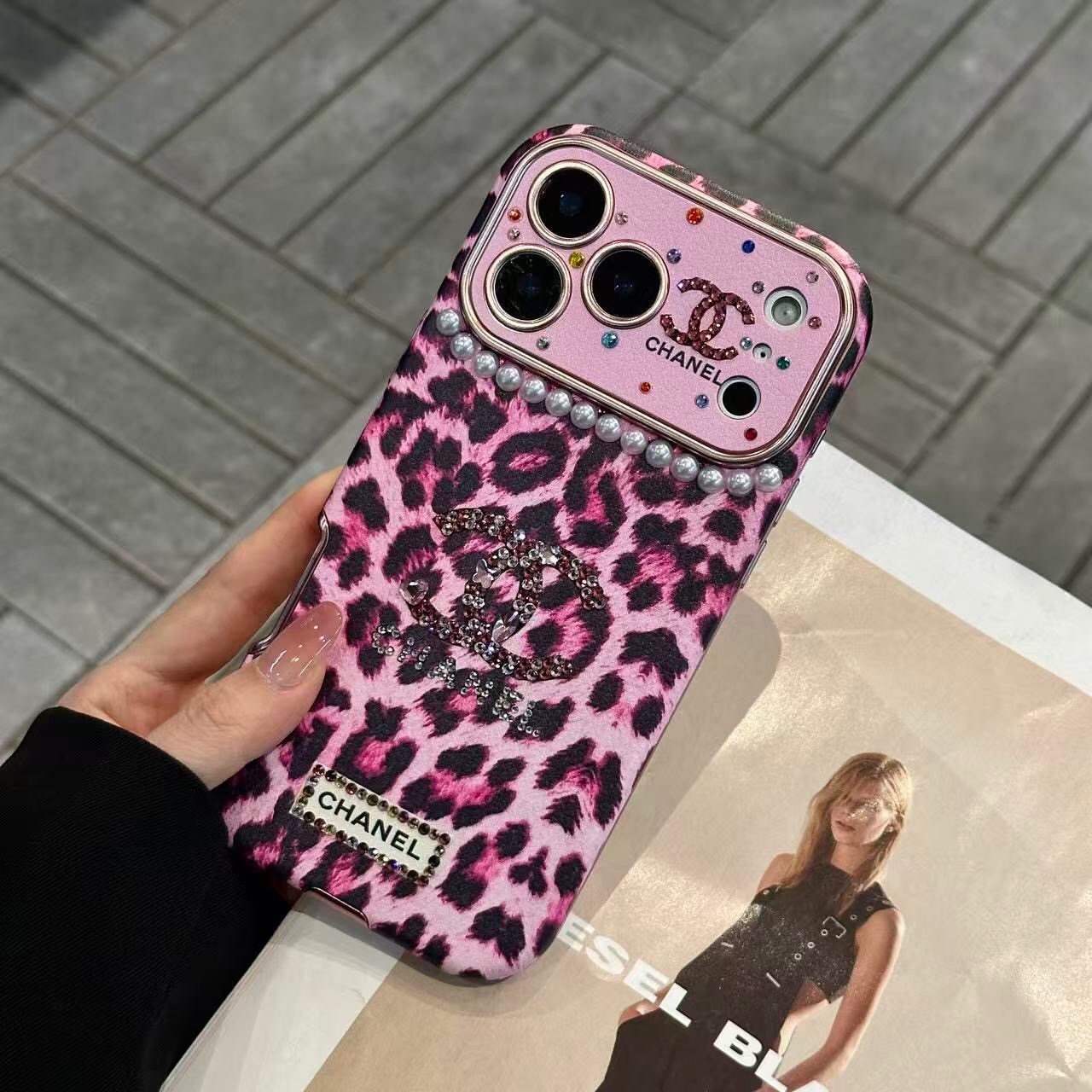 Leopard Print Rhinestone CC Logo Pearl Trim Luxury Shockproof iPhone Case With Crystal Wrist Chain