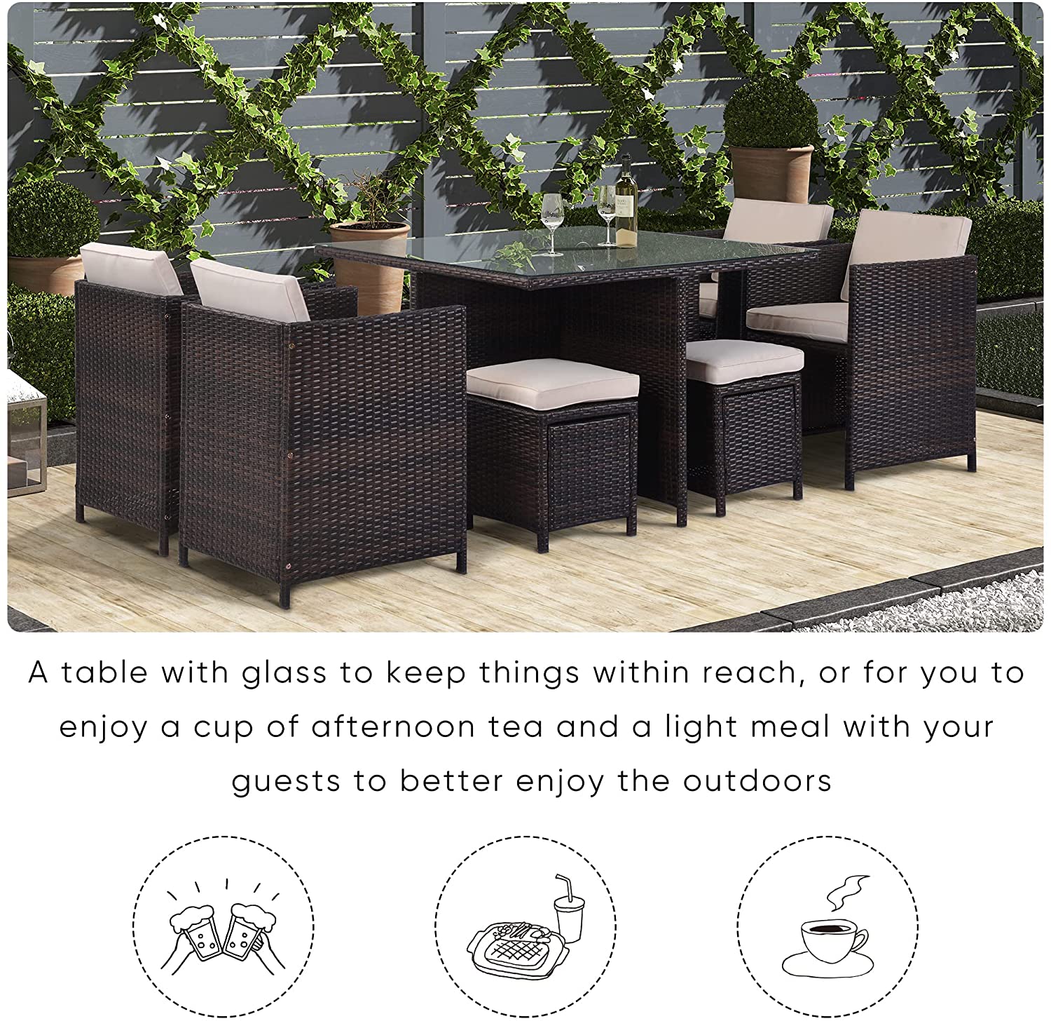 Patio Dining Sets Space Saving Rattan Chairs with Glass Table