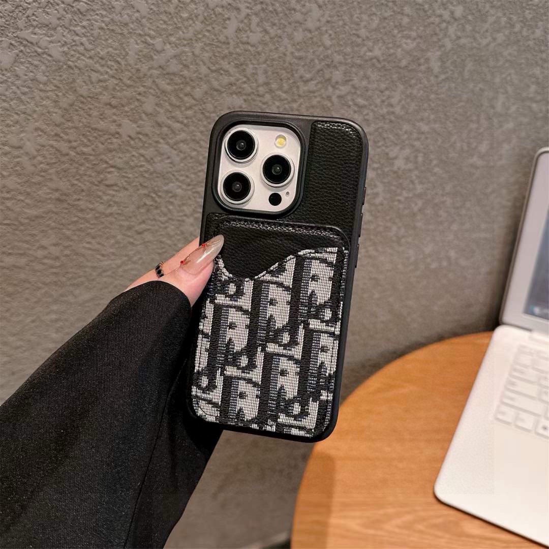 Dior Card Holder Phone Case Lychee Pattern Magnetic Case